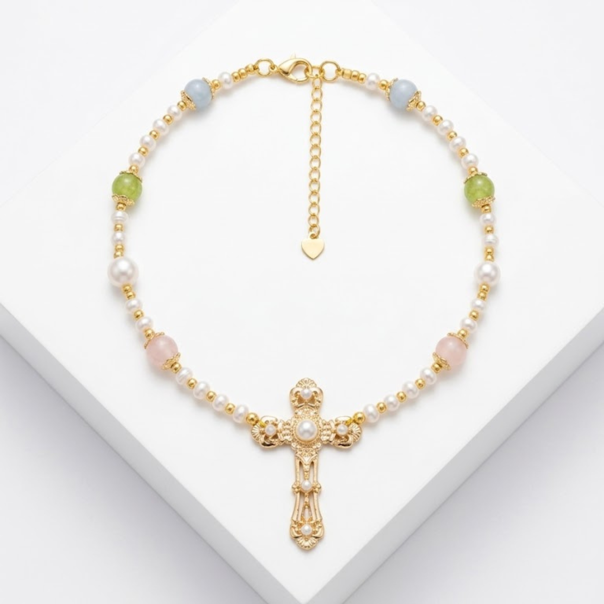 Collier CELESTIAL  Quartz rose  péridot  aigue-marine