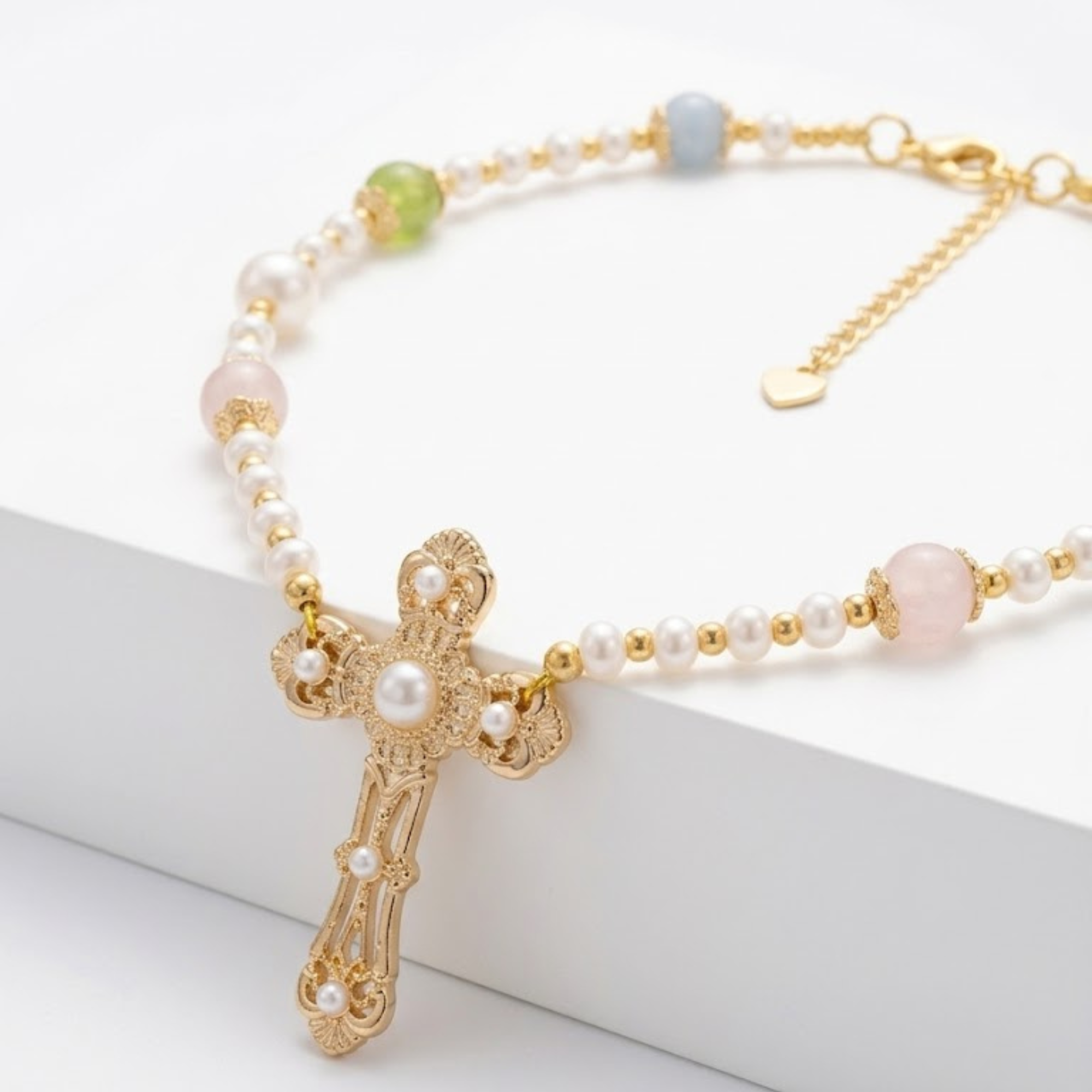 Collier CELESTIAL  Quartz rose  péridot  aigue-marine